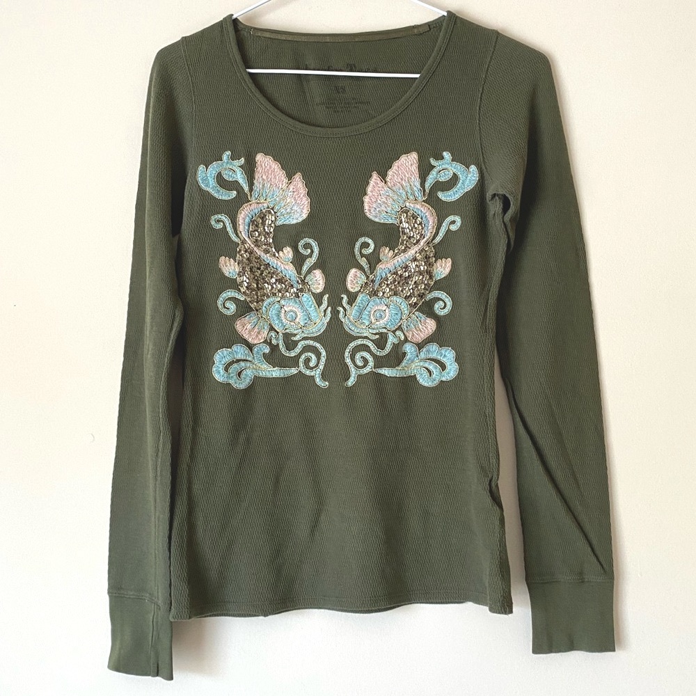 Lucky Tees Women's Embroidered Goldfish Long Sleeves Waffle Tees - XS -Pre-owned